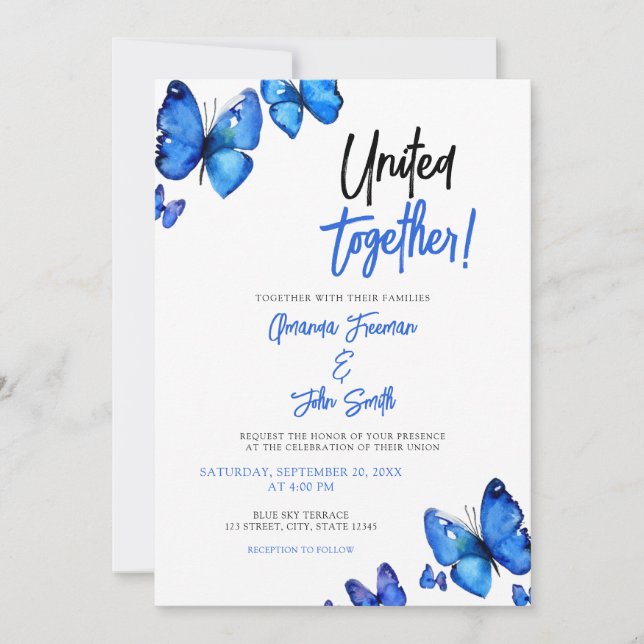Invitación Boda de Moda de mariposas azul acuarela (Anverso)