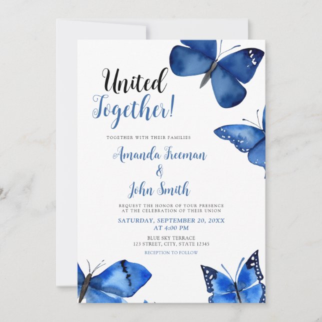 Invitación Boda de Moda de mariposas azules vibrantes (Anverso)