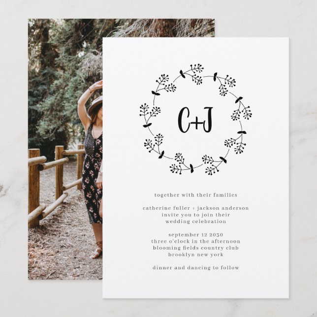 Invitación Boda de Moda de monograma de fotografía de guerra  (Anverso / Reverso)
