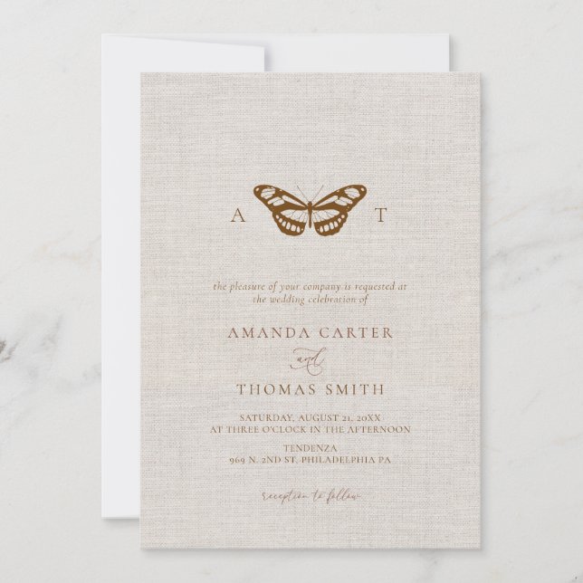 Invitación Boda de Moda de monograma de mariposa de línea fal (Anverso)