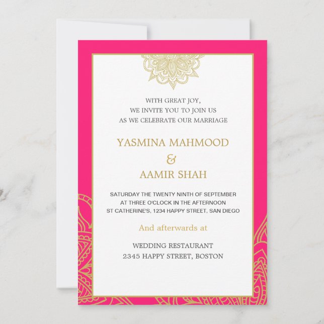 Invitación Boda de Moda de oro rosado al estilo indio (Reverso)