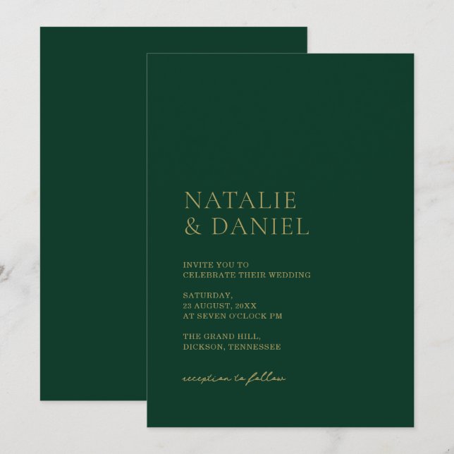 Invitación Boda de Moda de oro y verde esmeralda (Anverso / Reverso)