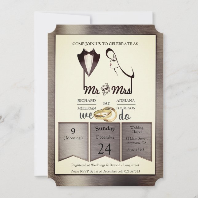 Invitación Boda de moda de papel de aluminio-oro-plata-latón (Anverso)