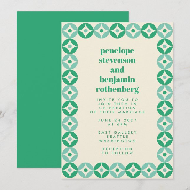 Invitación Boda de Moda de patrón geométrico medio verde (Anverso / Reverso)