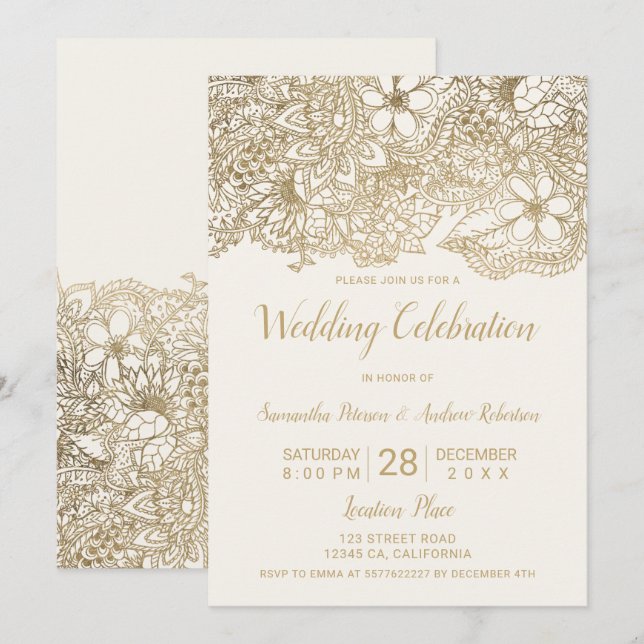 Invitación Boda de moda de tipografía floral dorada marfil be (Anverso / Reverso)