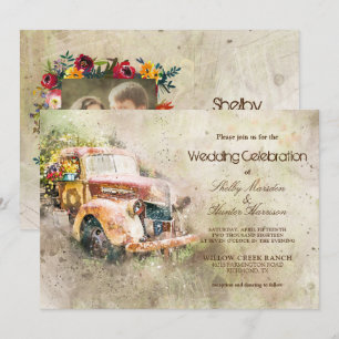 Invitación Boda de moda de un viejo camión ruso con foto vint