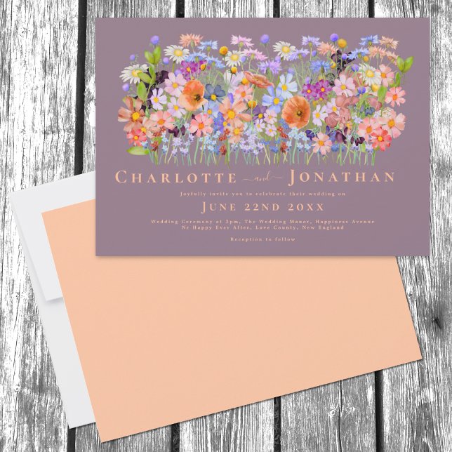 Invitación Boda de Moda del Boho de Flor Silvestre (Colorful Wildflower Boho Chic peach Wedding invitation with elegant typography script)
