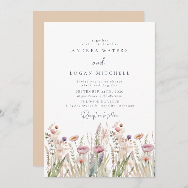 Invitación Boda de Moda del Boho de Flores Silvestres (Anverso / Reverso)