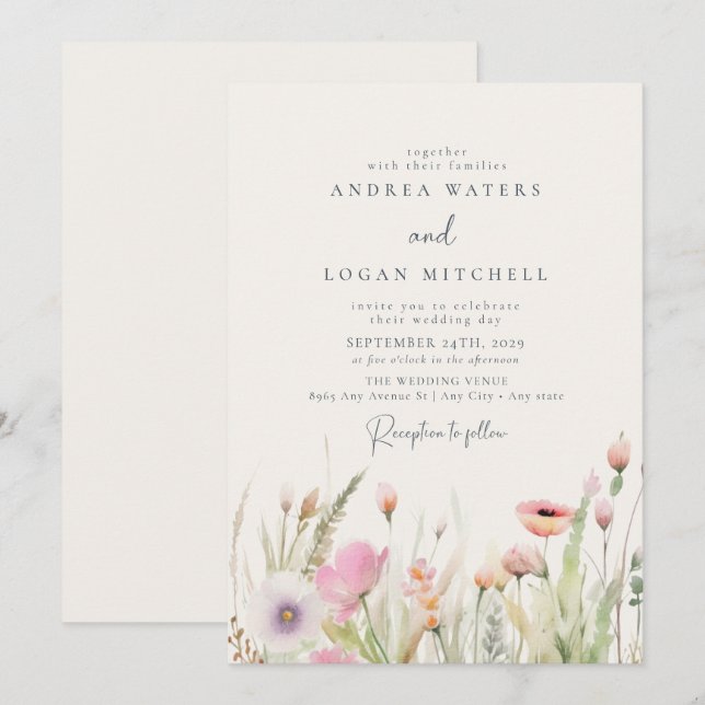 Invitación Boda de Moda del Boho de Flores Silvestres (Anverso / Reverso)