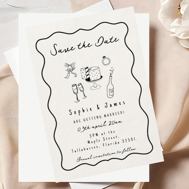 Invitación Boda de moda del doodle caprichoso blanco y negro (Subido por el creador)