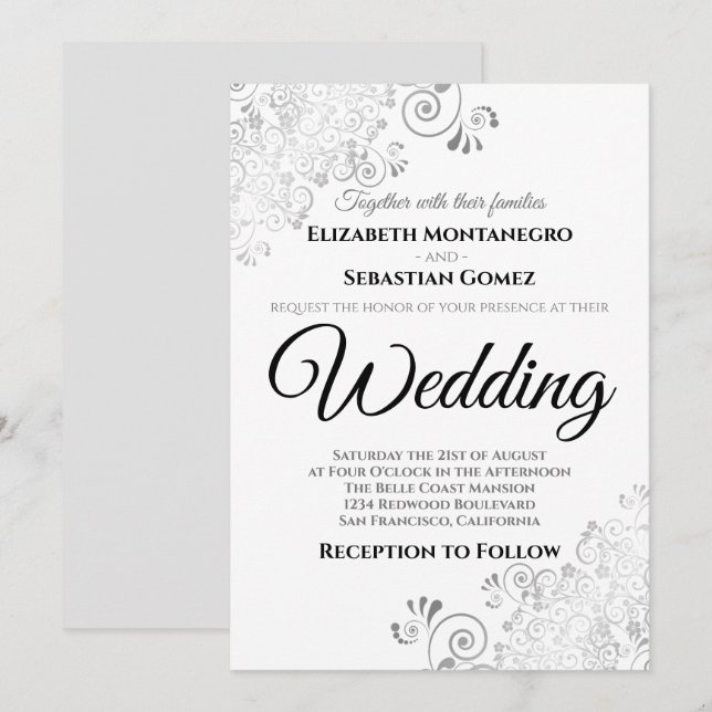 Invitación Boda de Moda elegante con filigrana floral platead (Anverso / Reverso)
