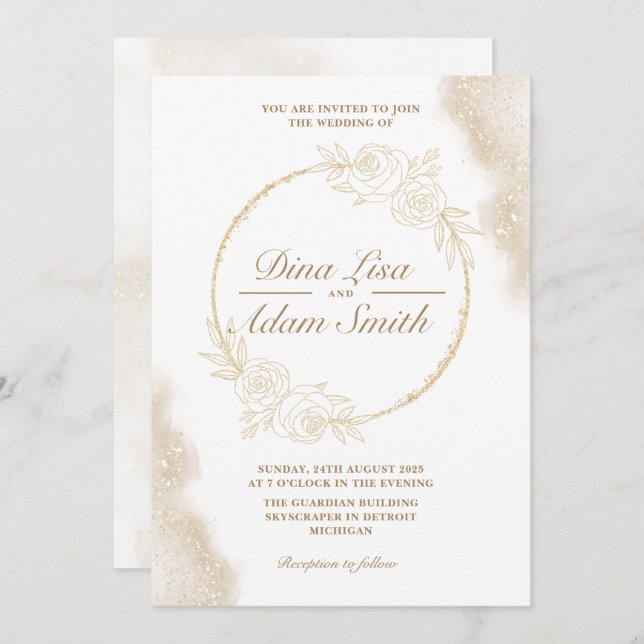Invitación Boda de Moda elegante con flores de oro clásico (Anverso / Reverso)