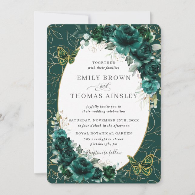 Invitación Boda de moda Emerald Green Gold Mariposas Florales (Anverso)