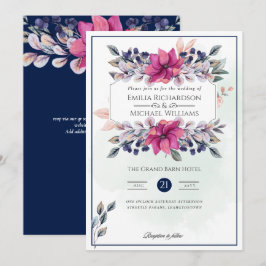 Invitación Boda de Moda floral azul de la marina rosa de Fuch