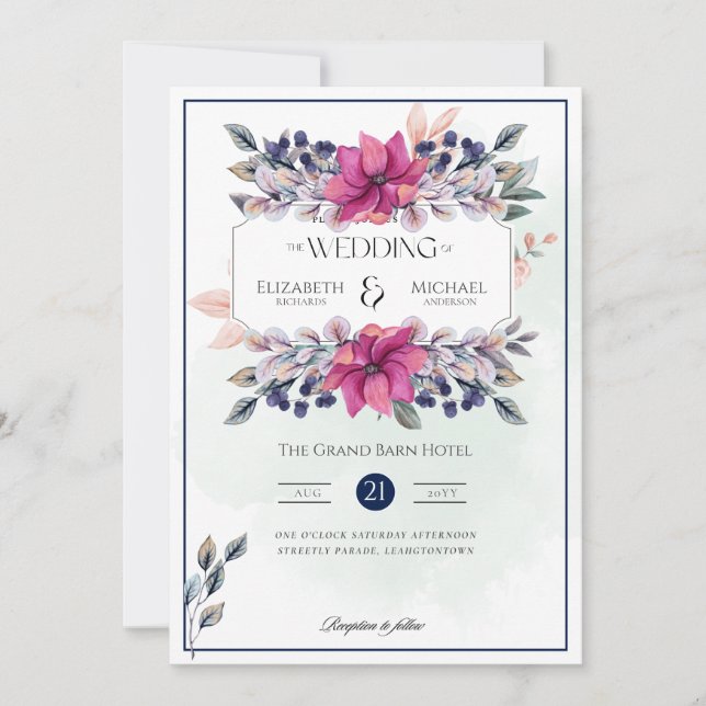 Invitación Boda de Moda floral azul de la marina rosa de Fuch (Anverso)