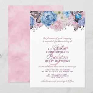 Invitación Boda de Moda floral azul y rosa de encanto parisin