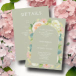 Invitación Boda de moda Florals en un verde sabio<br><div class="desc">Todas las invitaciones a bodas verdes en un sage incluyen los detalles de la ceremonia en la parte delantera y más detalles en la parte posterior con letras blancas de moda. Hermosas flores acuáticas - hortensias blancas y verdes, rosas rosas y cremas, margaritas, tallos pequeños y hojas. COINCIDIENDO con los...</div>