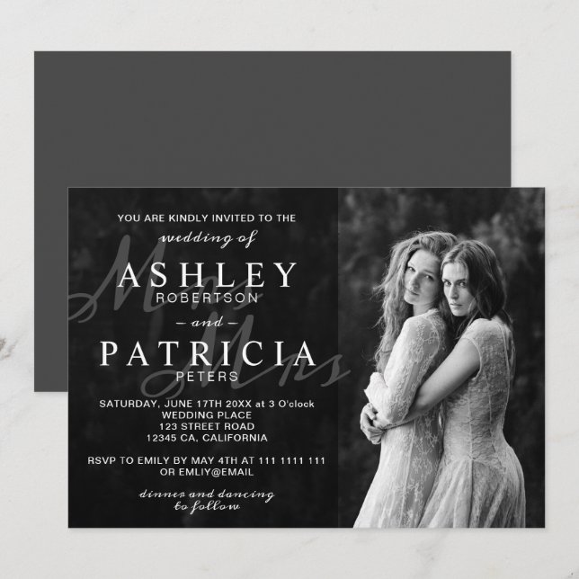 Invitación boda de moda fotográfica moderna y elegante en bla (Anverso / Reverso)