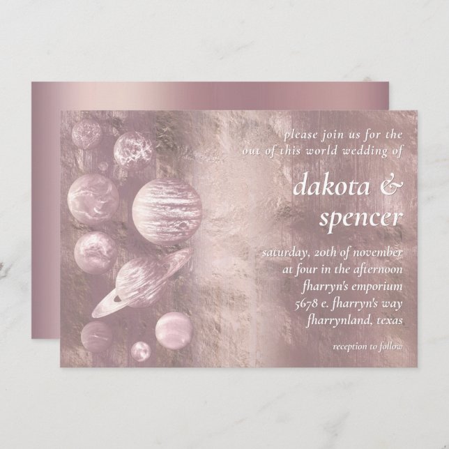 Invitación Boda de Moda geek | Planetas rosados Dusty Mauve R (Anverso / Reverso)