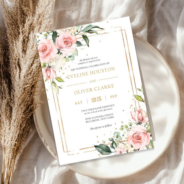 Invitación Boda de moda geométrica de oro floral rosa boho (Boho blush pink floral gold geometric chic wedding invitation)