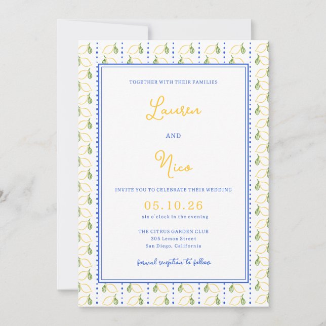 Invitación Boda de Moda italiana amarilla y azul de cítricos  (Anverso)