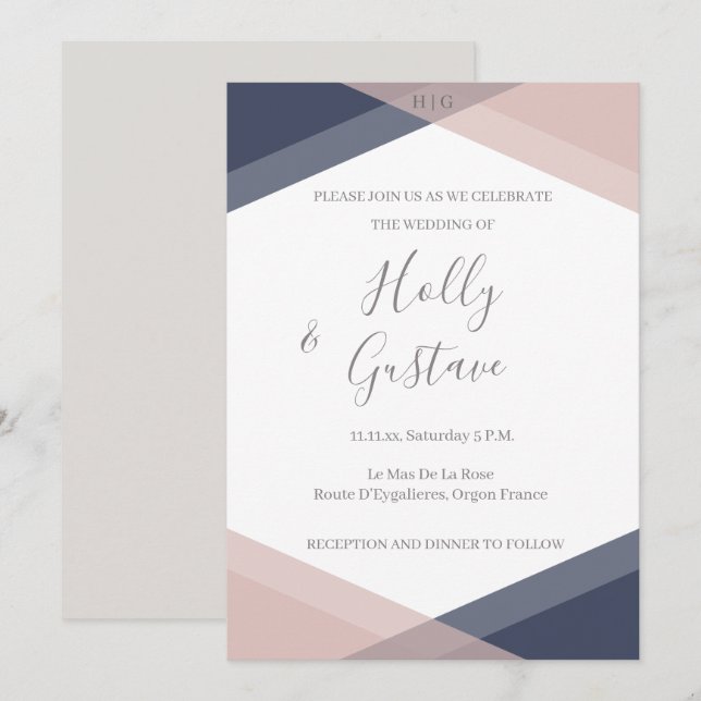 Invitación Boda de Moda moderna de monograma geométrico Rubor (Anverso / Reverso)