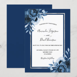 Invitación Boda de moda plateada de flores blancas azules de 