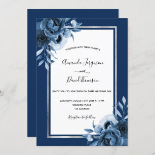 Invitación Boda de moda plateada de flores blancas azules de 