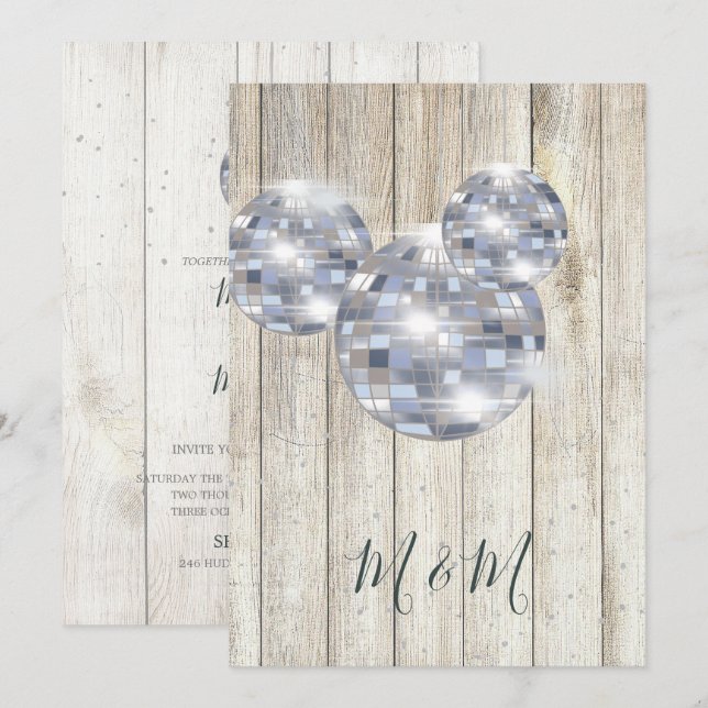 Invitación Boda de Moda Rustic Wood Disco Silver (Anverso / Reverso)