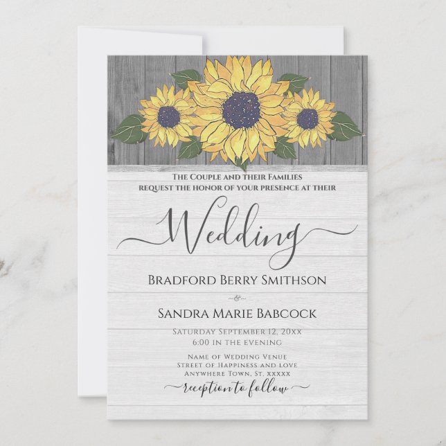 Invitación Boda de Moda Rústica Sunflower Yellow Gray Wood (Anverso)