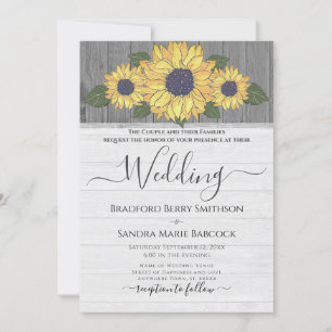 Invitación Boda de Moda Rústica Sunflower Yellow Gray Wood