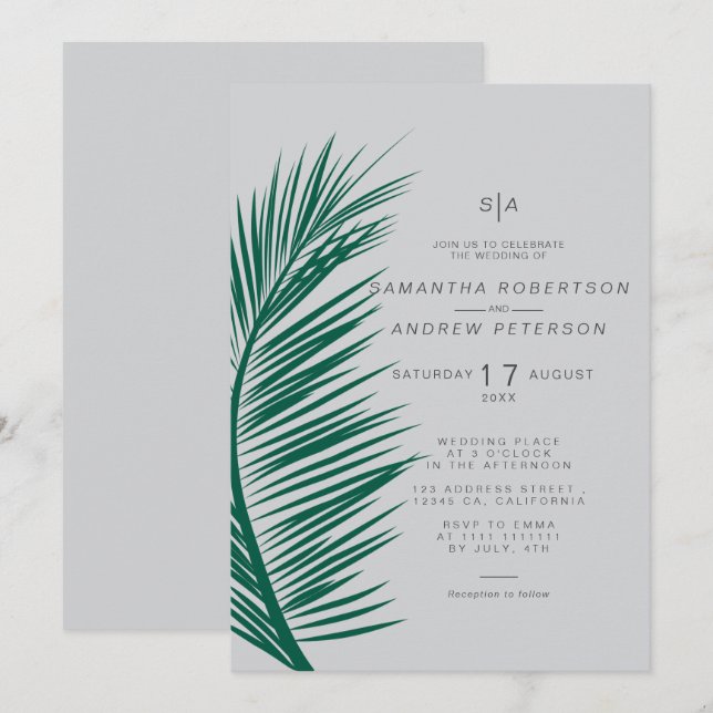 Invitación Boda de moda suave de hojas de palmera gris simple (Anverso / Reverso)