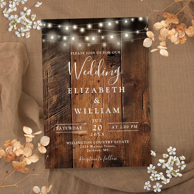 Invitación Boda de Modern Rustic Barn Wood String Lights (Modern Rustic Barn Wood String Lights Wedding Invitation)