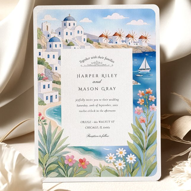 Invitación Boda de molinos de viento acuáticos Mykonos Seasid (Subido por el creador)