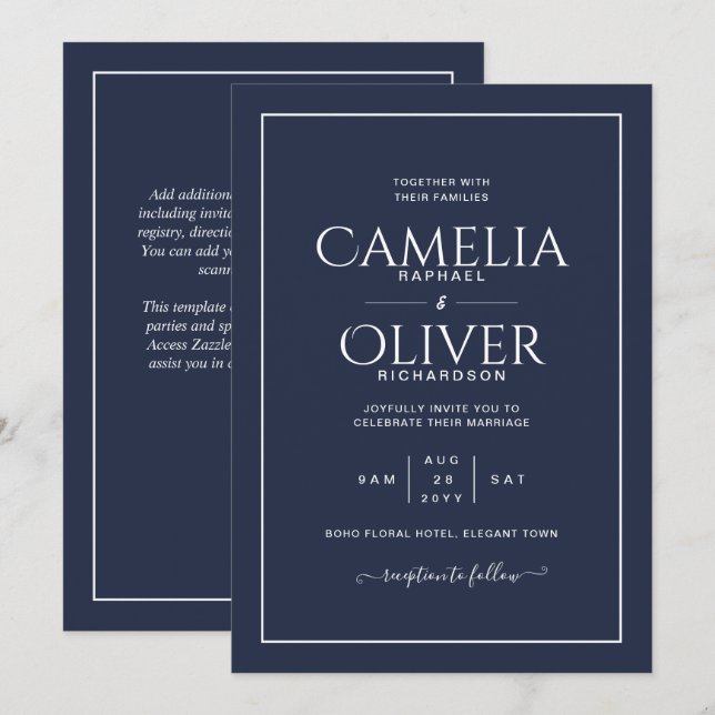 Invitación Boda de MONOCRÓME blanco azul de la marina más fin (Anverso / Reverso)