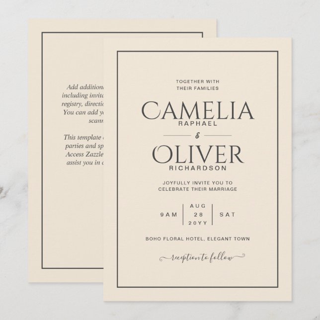 Invitación Boda de MONOCROMO de Crema Beige Ligera (Anverso / Reverso)