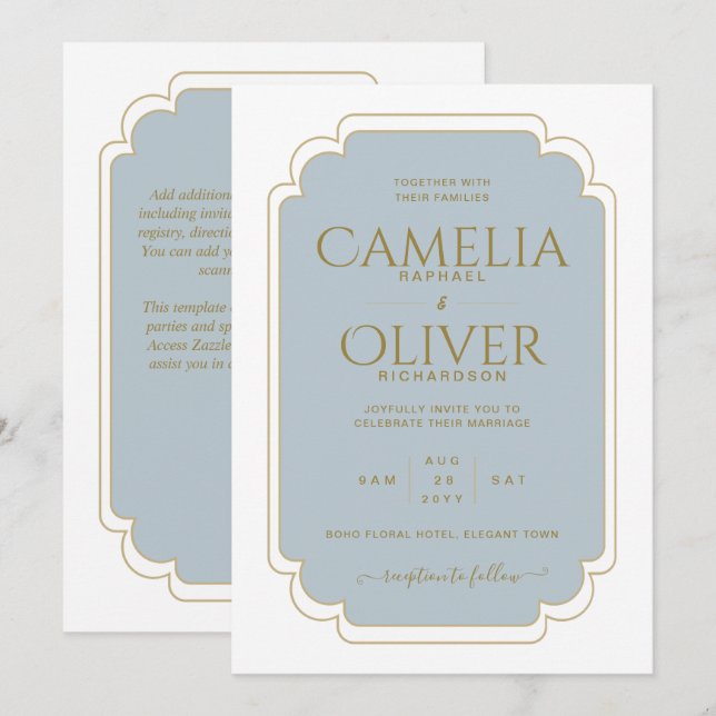 Invitación Boda de MONOCROMO de oro azul con más polvo (Anverso / Reverso)