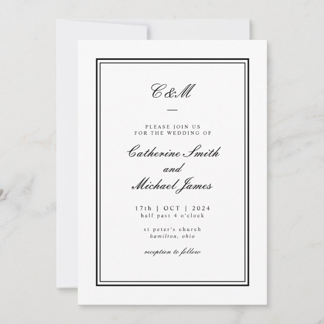 Invitación Boda de Monograma Absoluto Clásico Negro y Blanco (Anverso)