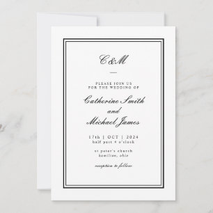 Invitación Boda de Monograma Absoluto Clásico Negro y Blanco