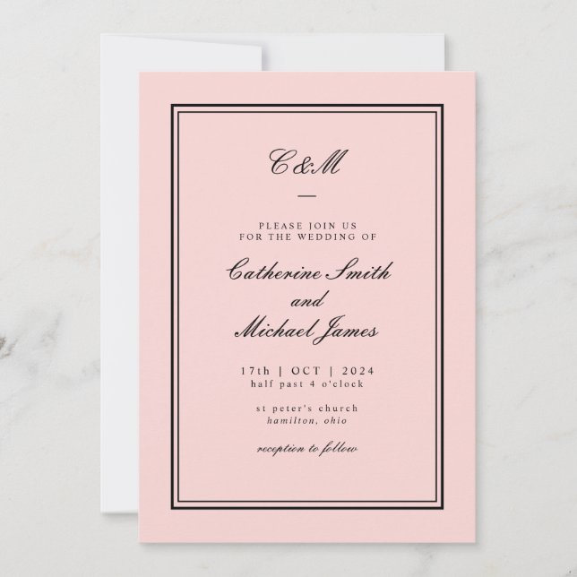 Invitación Boda de monograma absoluto clásico rosa y negro (Anverso)