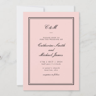 Invitación Boda de monograma absoluto clásico rosa y negro