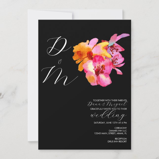 Invitación Boda de monograma acuarelado con flores brillantes (Anverso)