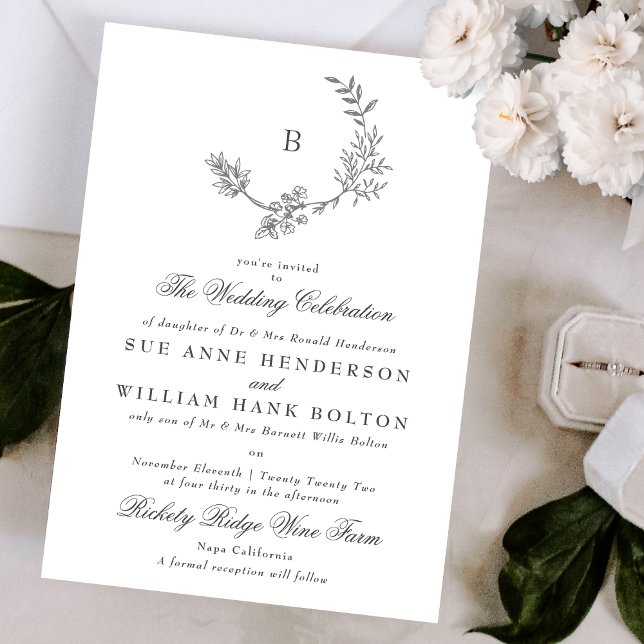 Invitación Boda de Monograma Antiguo con Esbozo Botánico (Subido por el creador)