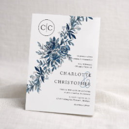 Invitación Boda de monograma azul acuarela floral lineart