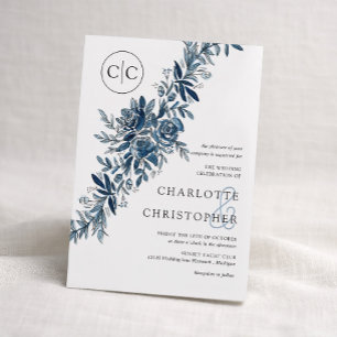 Invitación Boda de monograma azul acuarela floral lineart