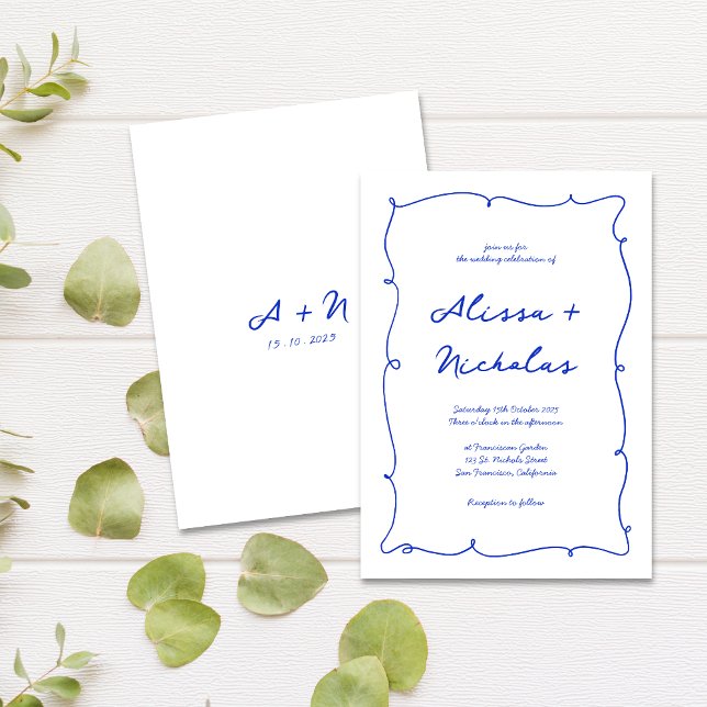 Invitación Boda de monograma azul brillante con mano moderna (Subido por el creador)