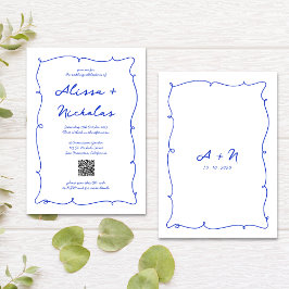 Invitación Boda de monograma azul brillante dibujado a mano d