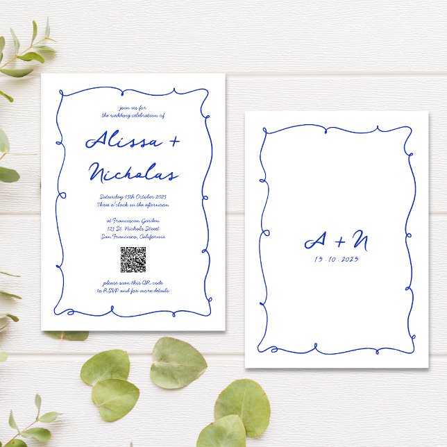 Invitación Boda de monograma azul brillante dibujado a mano d (Subido por el creador)