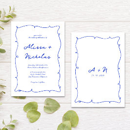 Invitación Boda de Monograma Azul de borde dibujado a mano ca