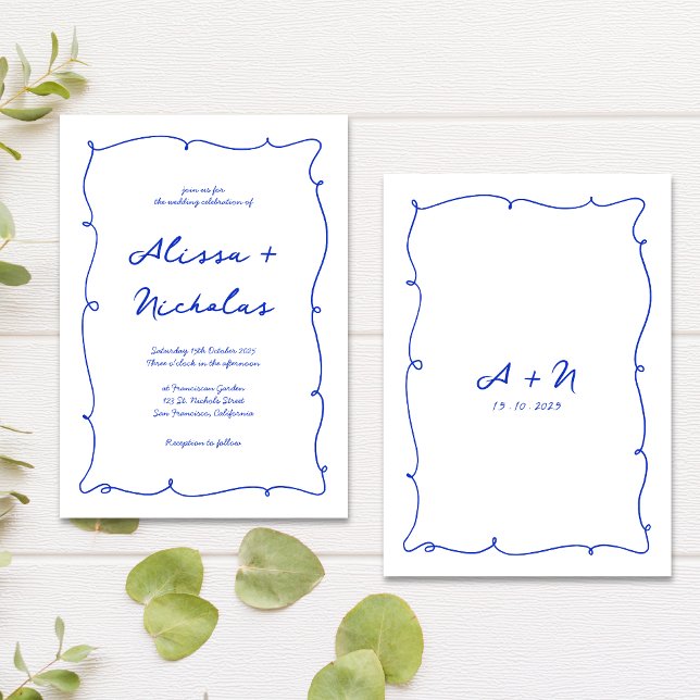 Invitación Boda de Monograma Azul de borde dibujado a mano ca (Subido por el creador)